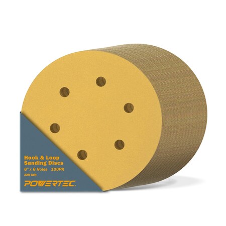 Powertec 320 Grit, 6 Inch 6 Hole Hook and Loop Sanding Discs for Random Orbital Sander, 100PK 45232G-50-P2
